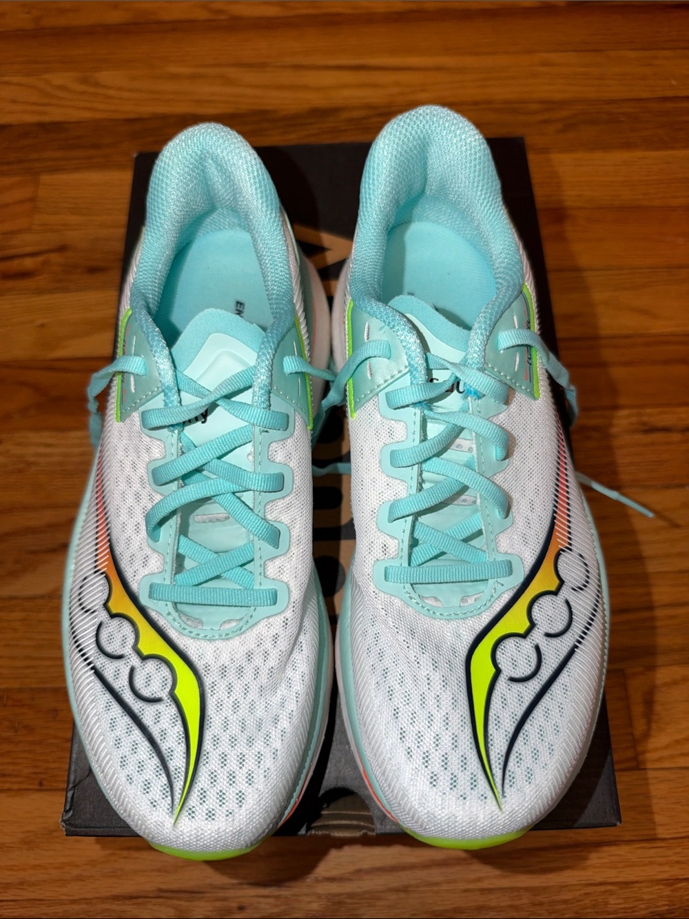 Saucony Women’s White, Aqua & Neon Yellow Running Shoes - Picture 3 of 12